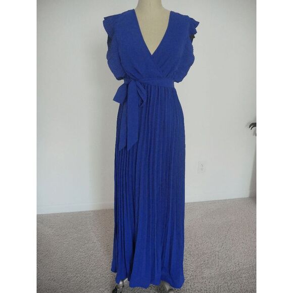 C.CLINE Blue Belted Flutter-Sleeve Pleated A-Line Dress M - Picture 2 of 10